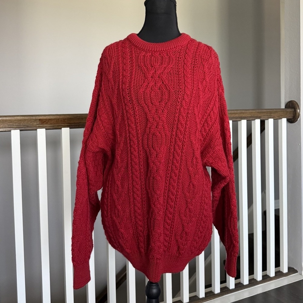 Aran Crafts Fisherman Sweater Womens Small Red 100% Wool Cable Knit Chunky